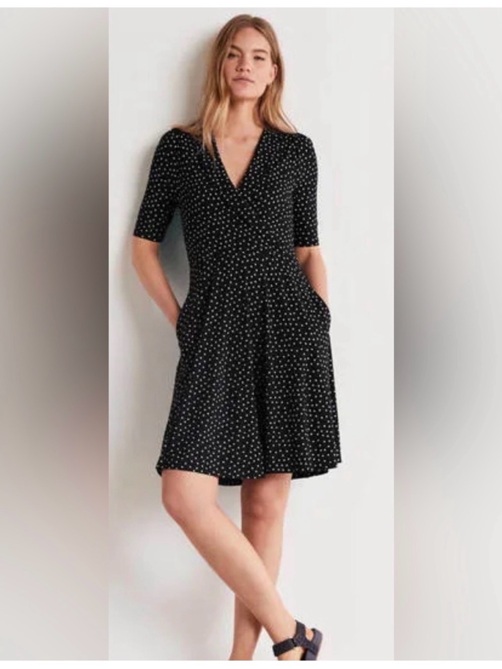Boden Black with Blue Polka Dots Fixed Wrap Jersey Dress